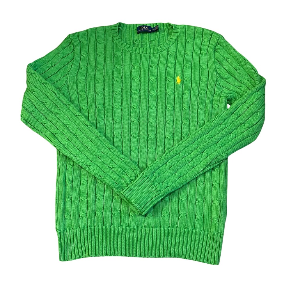 Polo Ralph Lauren Womens Green Cable Knit Cotton Crew Neck Sweater Medium